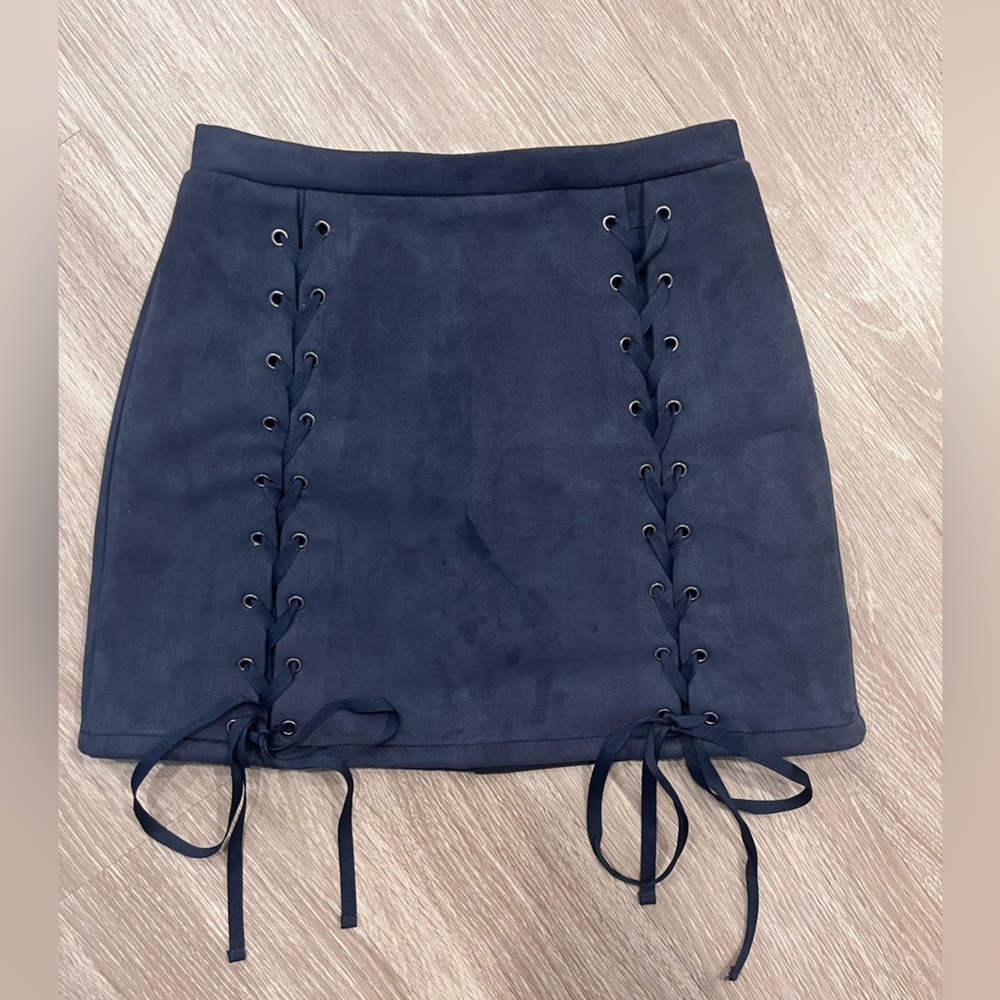 Like New - Impeccable Pig Navy Lace Up Suede Skirt